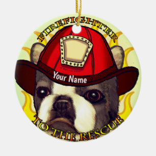 Ornamento De Cerâmica Boston Terrier Bombeiro