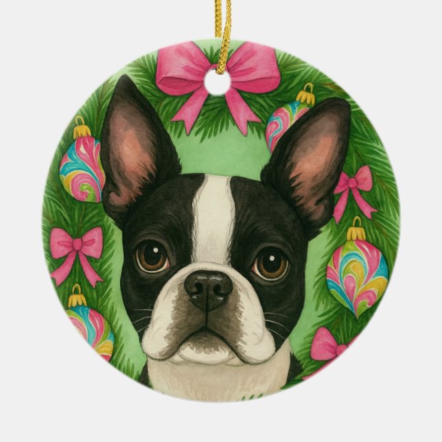 Ornamento De Cerâmica Boston Terrier Christmas Ornament (Frente)