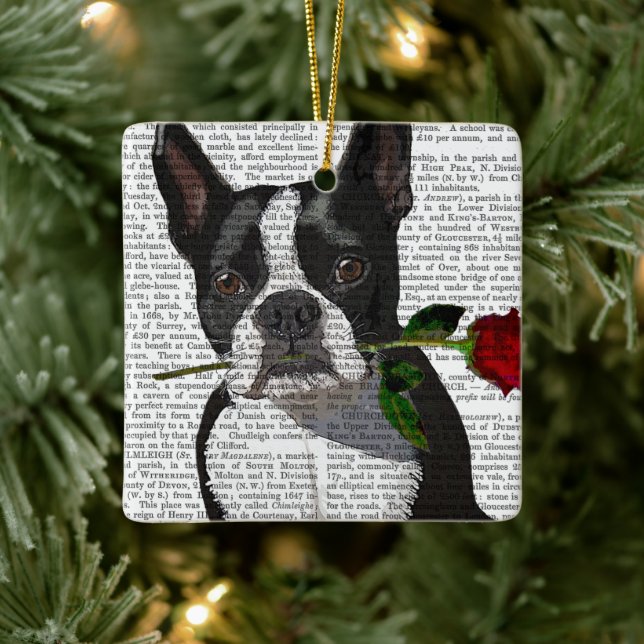 Ornamento De Cerâmica Boston Terrier com Rosa em Boca (Árvore)