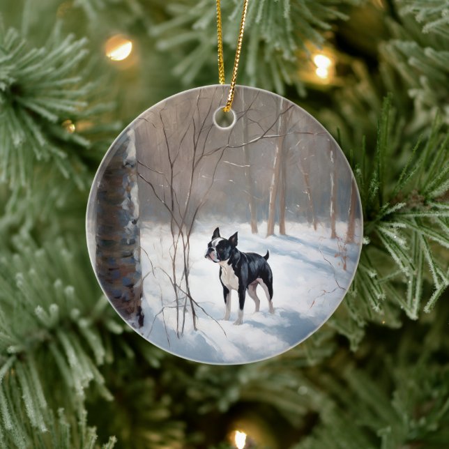 Ornamento De Cerâmica Boston Terrier Deixe Nevar Natal (Árvore)