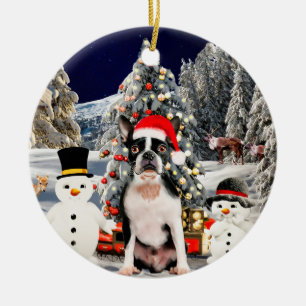Ornamento De Cerâmica Boston Terrier Dog em Luzes de Natal em Neve