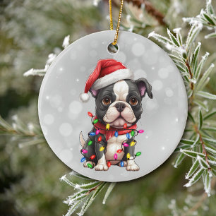 Ornamento De Cerâmica Boston Terrier Dog Embalado em Luzes de Natal