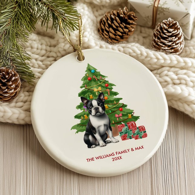 Ornamento De Cerâmica Boston Terrier Dog Personalizou o Natal (Criador carregado)