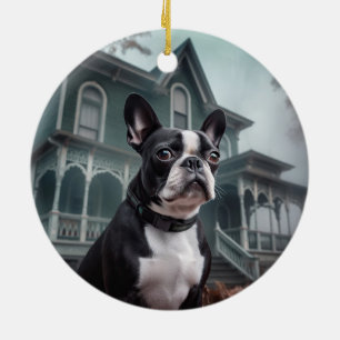 Ornamento De Cerâmica Boston Terrier Halloween Assustador