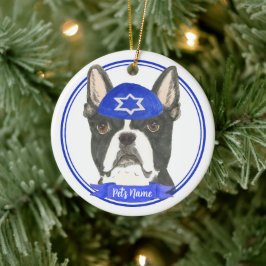 Ornamento De Cerâmica Boston Terrier Hanukkah Yarmulke Blue Personalizad