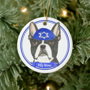Ornamento De Cerâmica Boston Terrier Hanukkah Yarmulke Blue Personalizad