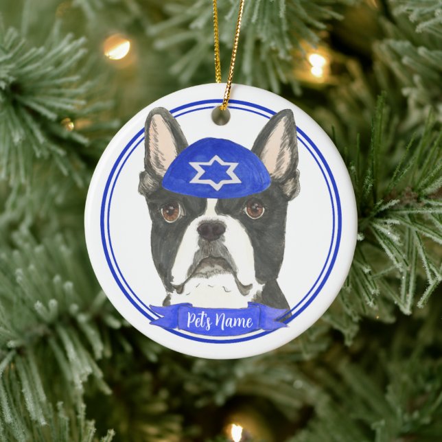 Ornamento De Cerâmica Boston Terrier Hanukkah Yarmulke Blue Personalizad (Árvore)