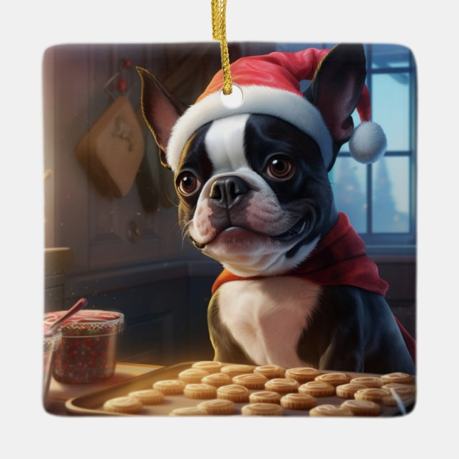 Ornamento De Cerâmica Boston Terrier Natal Cookies Festivo Férias (Frente)