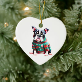 Ornamento De Cerâmica Boston Terrier no Sweater de Natal