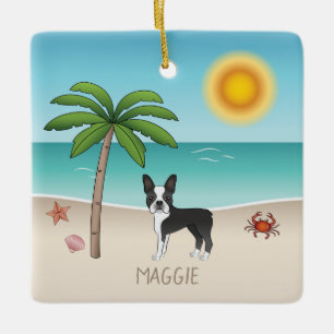 Ornamento De Cerâmica Boston Terrier Preto em uma Praia Tropical de Verã