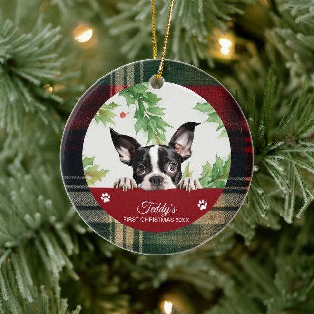Ornamento De Cerâmica Boston Terrier Primeiro Natal Personalizado (Árvore)