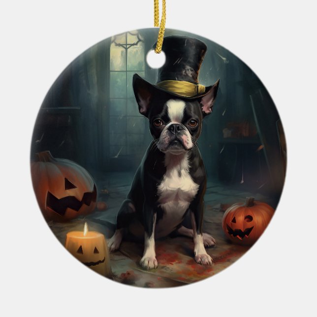 Ornamento De Cerâmica Boston Terrier Pumpkins Halloween Assustado (Frente)