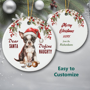 Ornamento De Cerâmica Boston Terrier Pup Engraçado Define o Natal traves