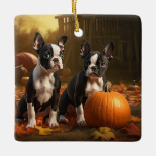 Ornamento De Cerâmica Boston Terrier Puppy Autumn Delight Pumpkin