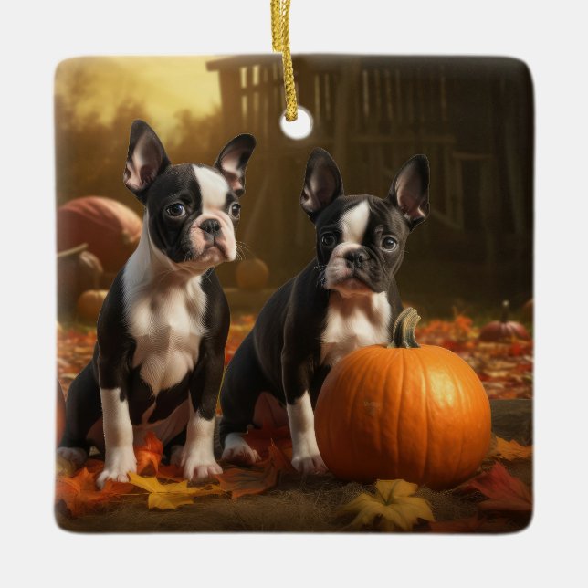 Ornamento De Cerâmica Boston Terrier Puppy Autumn Delight Pumpkin (Frente)