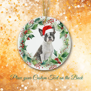 Ornamento De Cerâmica Boston Terrier Puppy Holly Wreath Natal
