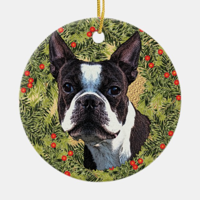 Ornamento De Cerâmica Boston Terrier Wreath (Frente)