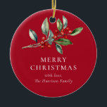 Ornamento De Cerâmica Botânica Red Simple Elegant One Photo Christmas<br><div class="desc">Red Simple Elegant One Photo Christmas Botanical Cerâmica Ornament apresenta uma bela ilustração em aquarela de verde sazonal e bagas sagradas,  juntamente com sua foto no verso.</div>