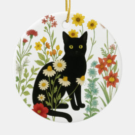 Ornamento De Cerâmica Botanical Nature – Black Cat in Wildflower Garden