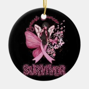 Ornamento De Cerâmica Botão de Fita Rosa de Consciência do Sobrevivência