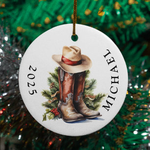 Ornamento De Cerâmica Botas de Cowboy de Natal Ocidental Nome do Chapéu