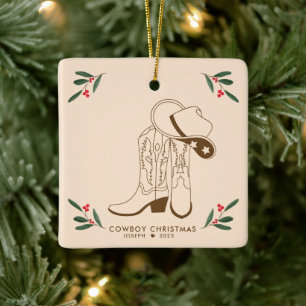 Ornamento De Cerâmica Botas de vaqueiro de Natal de Brown Cowboy