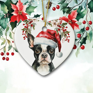 Ornamento De Cerâmica Bote Boston Terrier Dog Holly Berry Natal