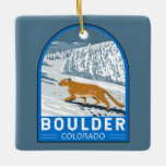 Ornamento De Cerâmica Boulder Colorado Cougar Retro Viagem Art Vintage<br><div class="desc">Design de arte vetorial de pedra Boulder é uma cidade nos pés das Montanhas Rochosas,  no Colorado norte. A oeste,  os Flátions martelados são formações rochosas cruéis que olham para a cidade.</div>