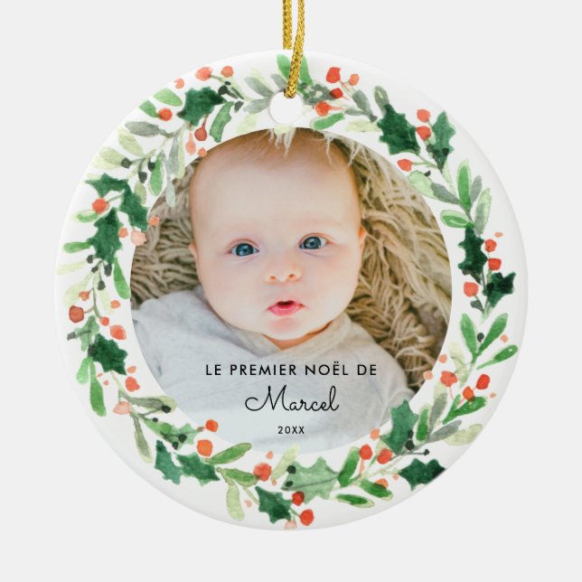 Ornamento De Cerâmica Boule De Noël Personnalisée 1er Noël de Bébé (Frente)