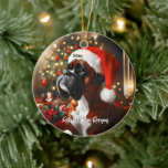 Ornamento De Cerâmica Boxer bonito com Santa Hat<br><div class="desc">Esta maravilhosa design de Natal mostra um doce boxeador vestindo um chapéu vermelho de Papai Noel e uma gravata vermelha.</div>
