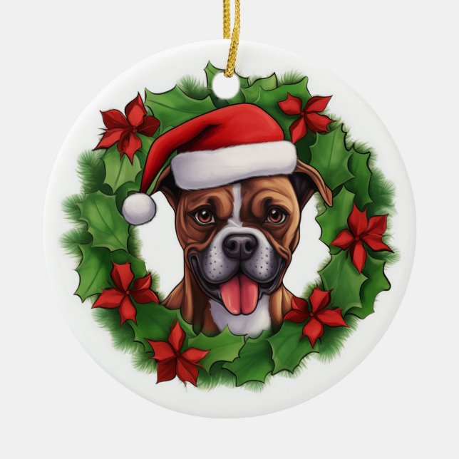 Ornamento De Cerâmica Boxer Christmas Wreath (Frente)