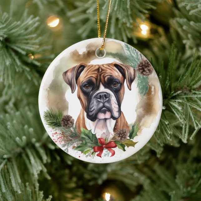 Ornamento De Cerâmica Boxer Christmas Wreath Festivo Pup (Árvore)