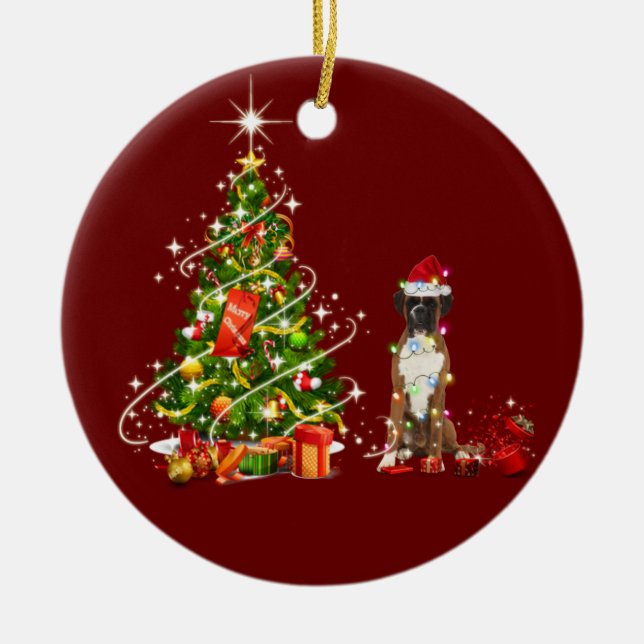 Ornamento De Cerâmica Boxer com o Natal do Hat Scaft (Frente)