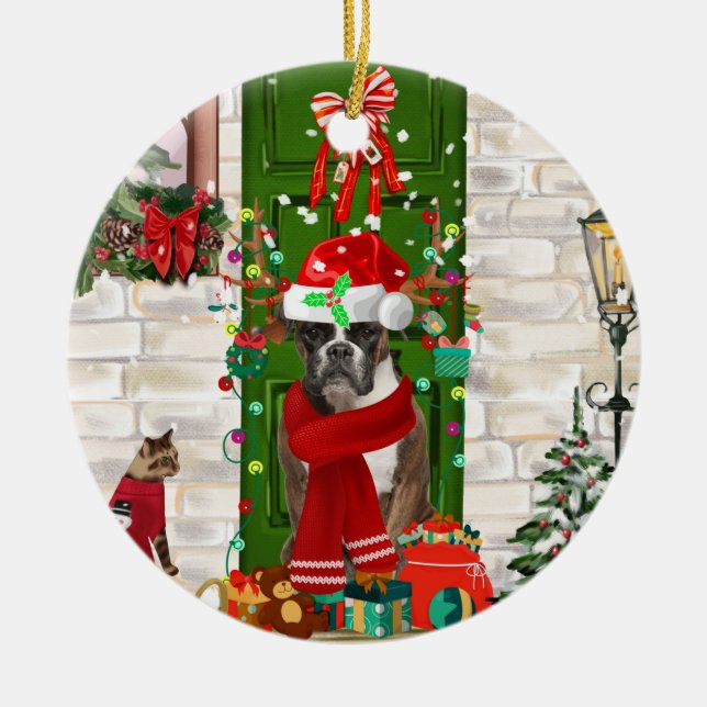 Ornamento De Cerâmica Boxer Dog Christmas (Frente)