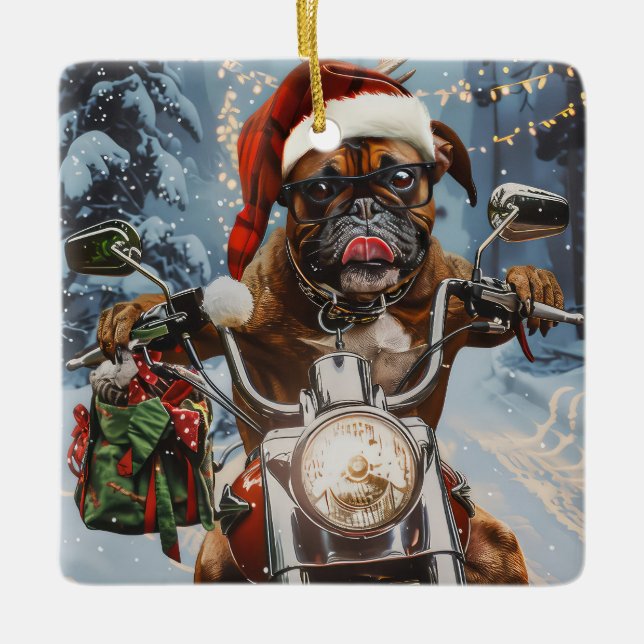 Ornamento De Cerâmica Boxer Dog Riding Motorcycle Christmas (Frente)