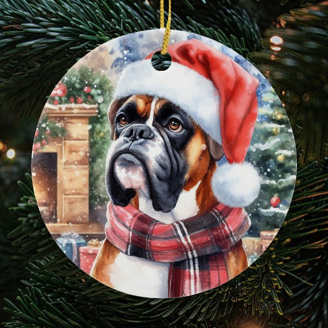 Ornamento De Cerâmica Boxer Dog Scarf e Papai Noel no Natal (Criador carregado)