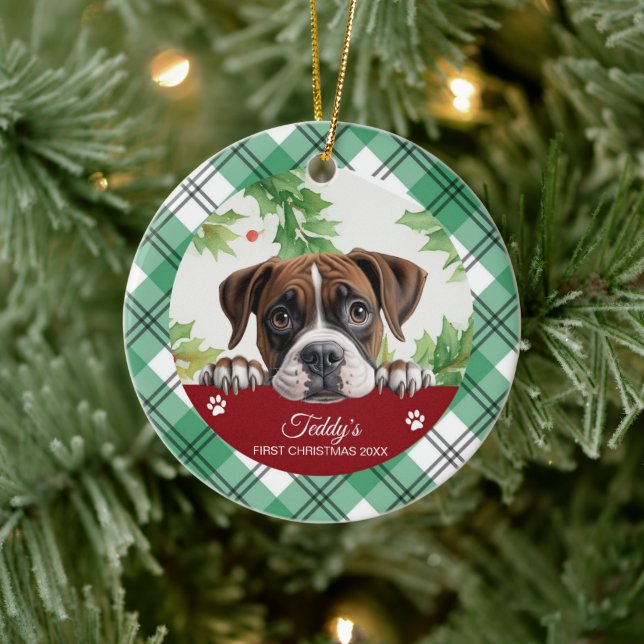 Ornamento De Cerâmica Boxer Personalizado Primeiro Natal (Árvore)