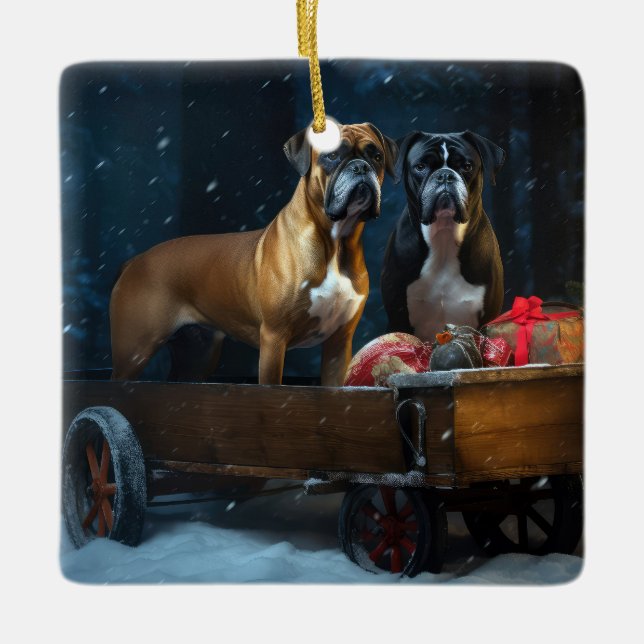Ornamento De Cerâmica Boxer Snowy Sleigh Decoração de Natal (Frente)