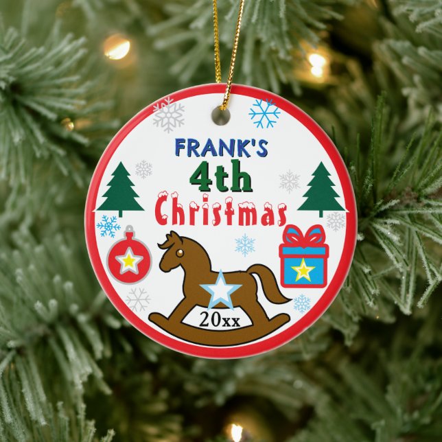 Ornamento De Cerâmica Boy 4th Christmas Rocking Horse INSERT PHOTO (Árvore)