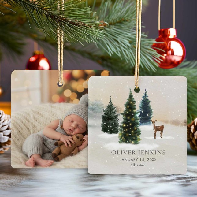Ornamento De Cerâmica Boy First Christmas Birth Stats Woodland Photo (Rustic Forest Woodland Birth Stats with Photo Ornament)