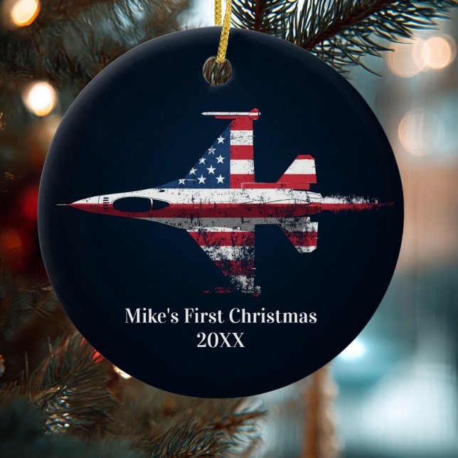 Ornamento De Cerâmica Boy First Christmas Jet Fighter US Airplane Custom (Criador carregado)