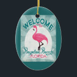 Ornamento De Cerâmica Boynton Beach, Flamingo rosa, Retro<br><div class="desc">Boynton Beach Flórida rosa flamingo. No estilo de posters viagens vintage,  diz "Bem-vindo à praia de Boynton,  Flórida" em turquesa verde rosa,  branca e menta.</div>