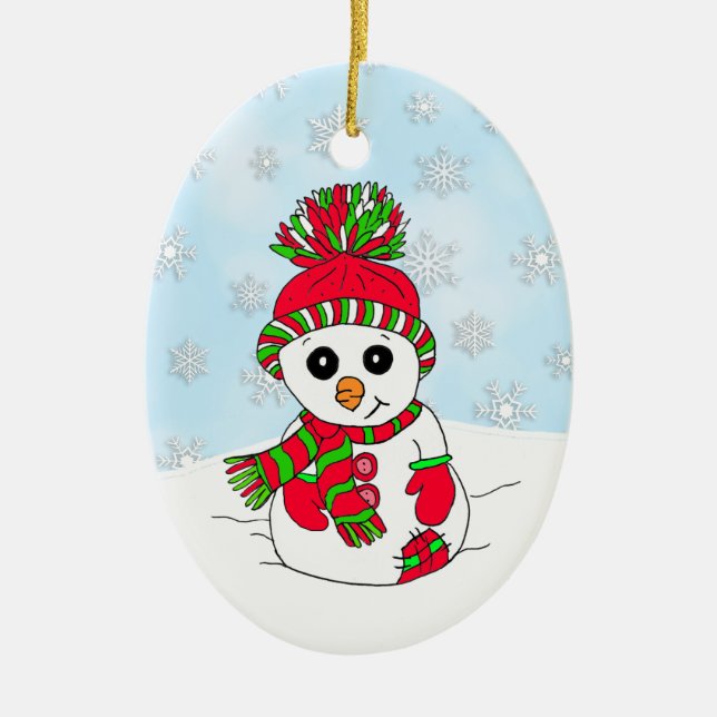 Ornamento De Cerâmica Branca desenhou Snowman no Natal (Frente)