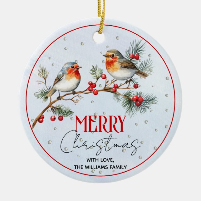 Ornamento De Cerâmica Branch with robin birds, berries Christmas photo (Frente)