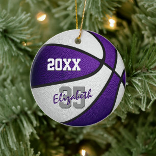 Ornamento De Cerâmica branco roxo sua recordação da equipe de basquete