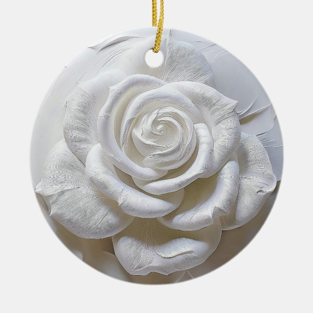 Ornamento De Cerâmica Branco Sobre Branco - Rosa Esculpida (Frente)