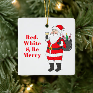 Ornamento De Cerâmica Branco-vermelho e Papais noeis-Feliz-branco