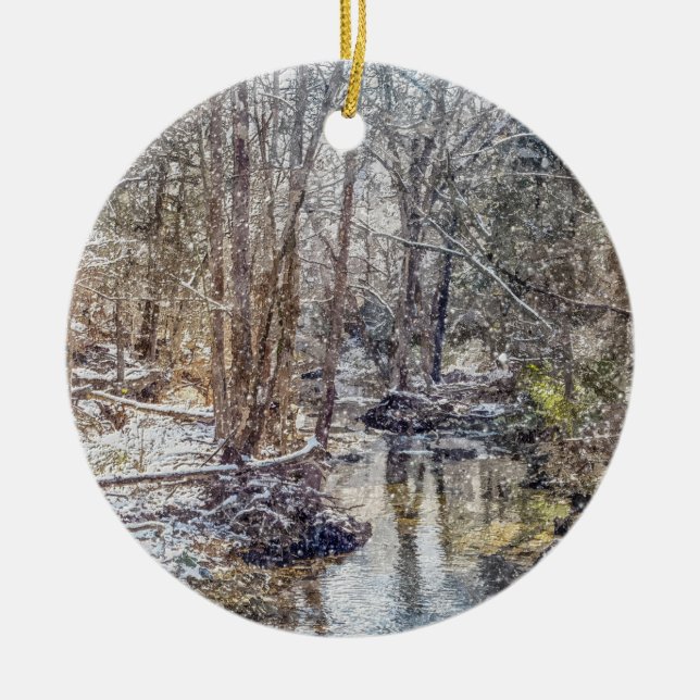 Ornamento De Cerâmica Branson Fall Creek Winter Snow Painterly (Frente)