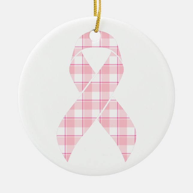 Ornamento De Cerâmica Breast Cancer Awareness Plaid Pink Ribbon (Frente)