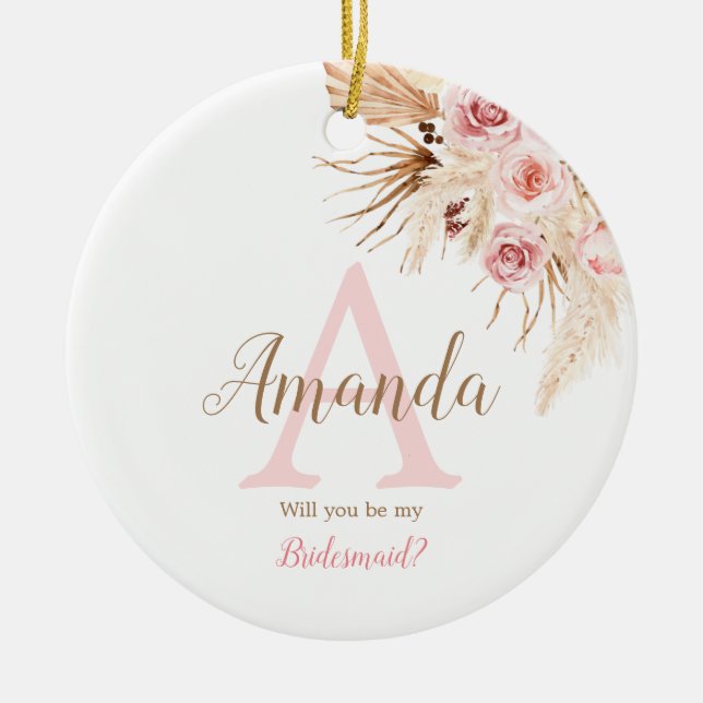 Ornamento De Cerâmica Bridesmaid Brida Rosa Pampas Boêmia (Frente)